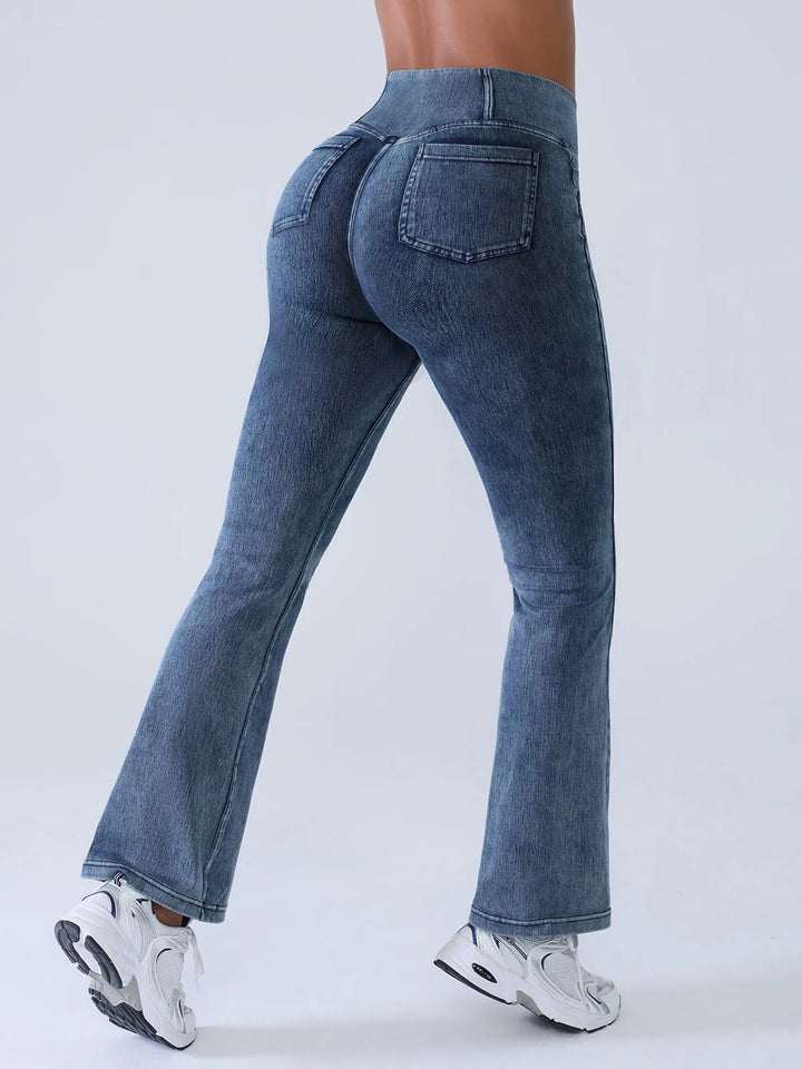 Crossover Denim Flare Leggings with Pockets