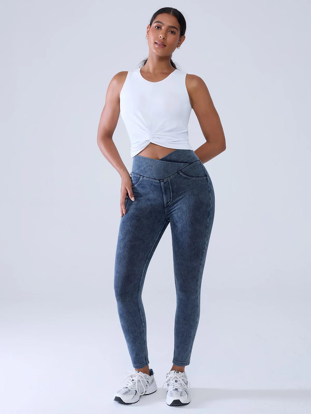 Crossover Denim Sculpting Leggings with Pockets