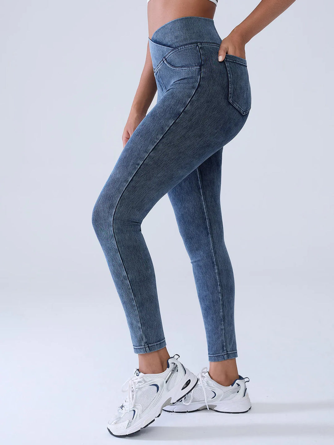 Crossover Denim Sculpting Leggings with Pockets