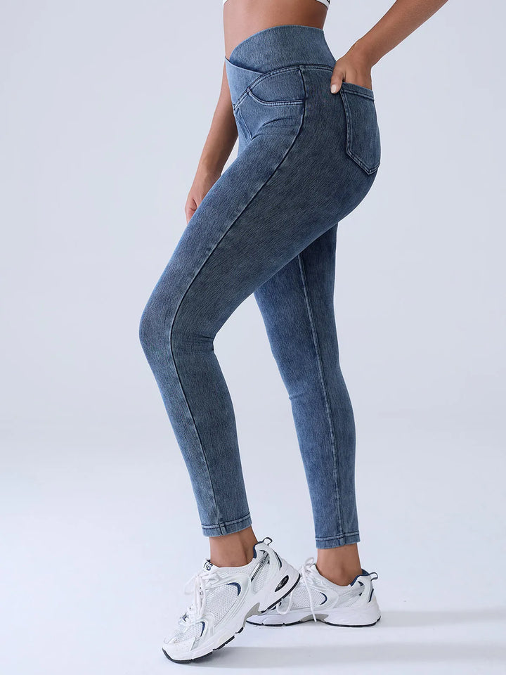 Crossover Denim Sculpting Leggings with Pockets