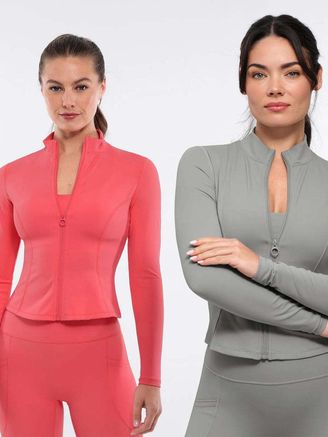 Two models wearing coral and gray BRXL matching workout sets.
