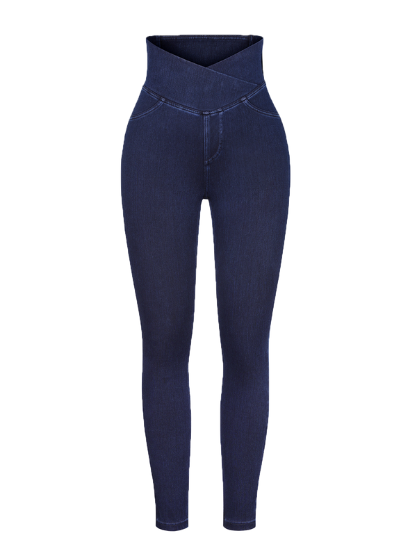 Crossover Denim Sculpting Leggings with Pockets