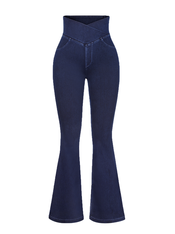 Crossover Denim Flare Leggings with Pockets