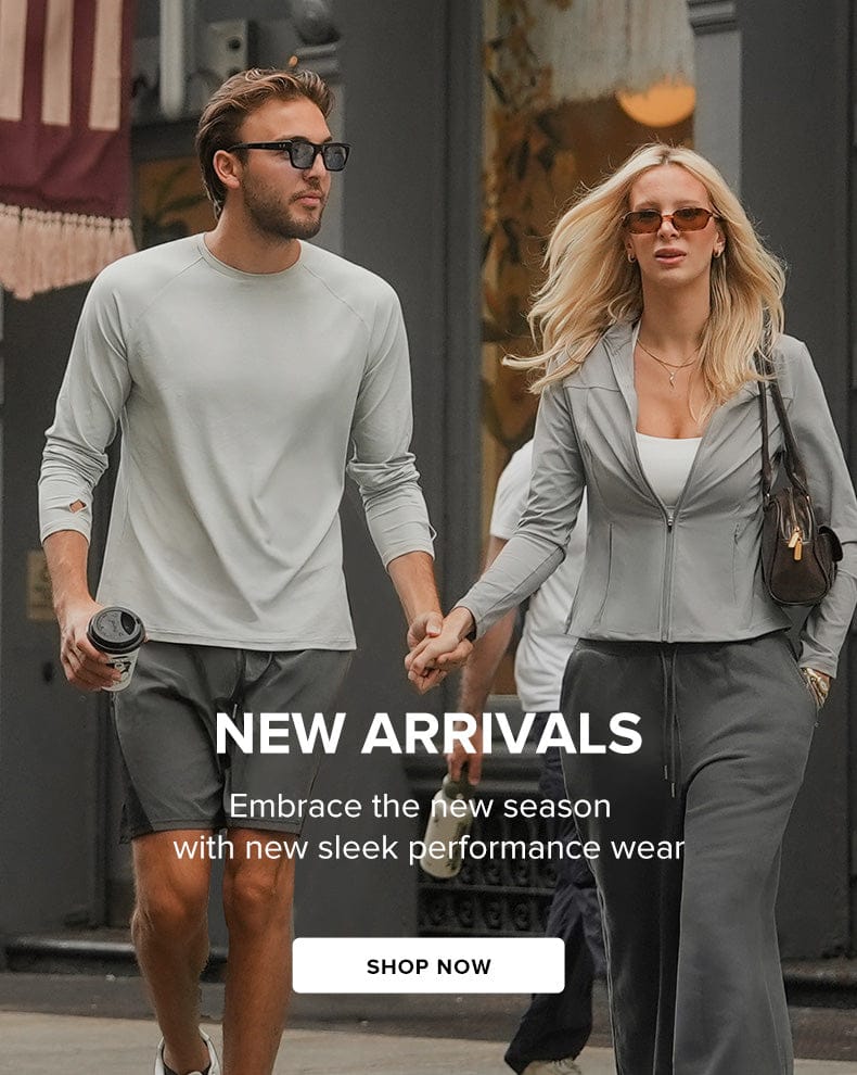 Man and woman walking together with promotional text for new arrivals.