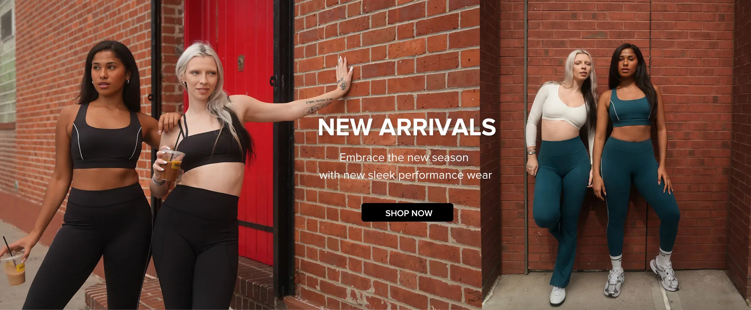 Four women in athletic wear posing against a brick wall with promotional text for new arrivals.