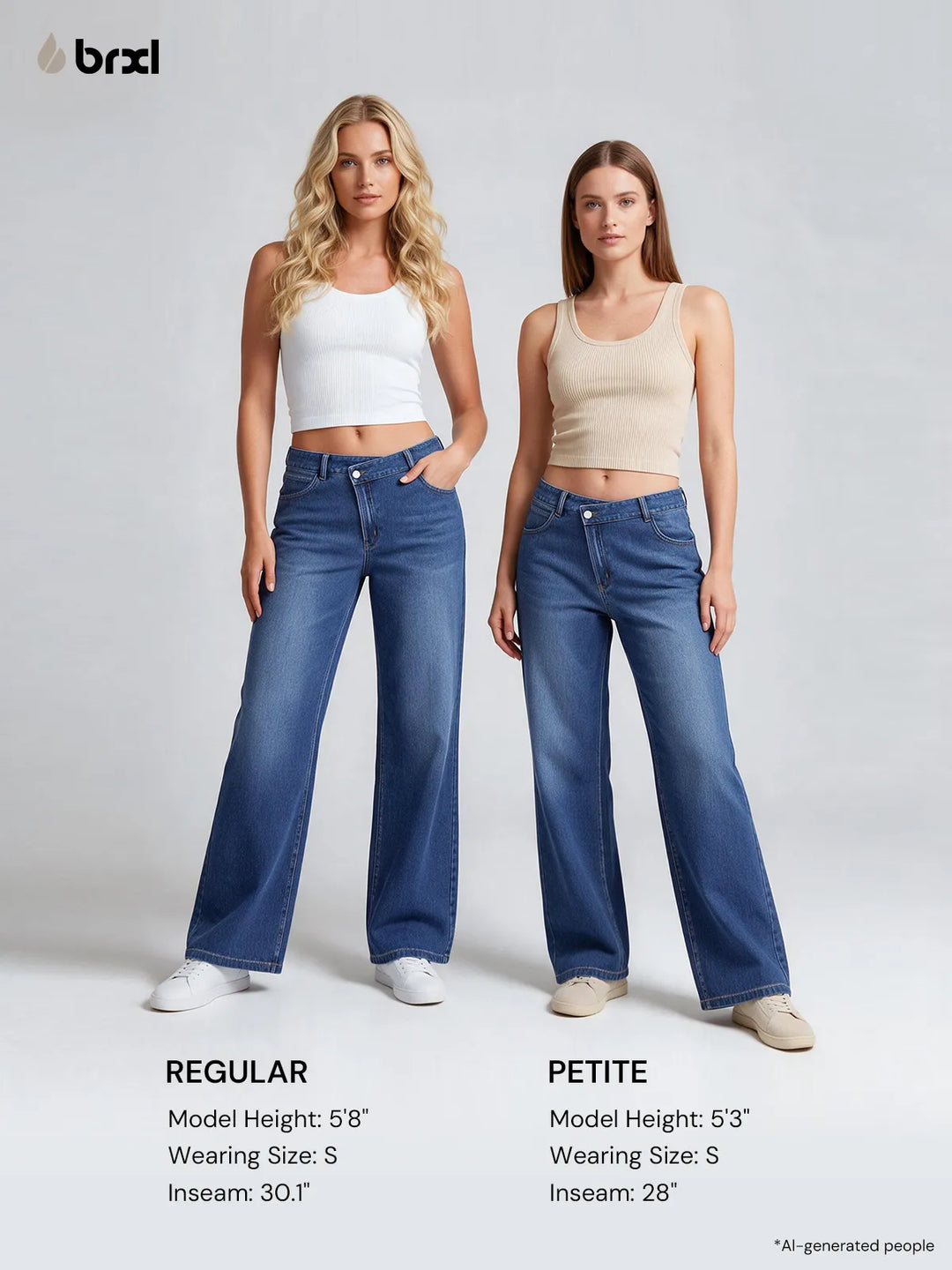 A model wearing a BRXL® Asymmetrical Mid Rise Washed Casual Wide Leg Jeans with Pockets