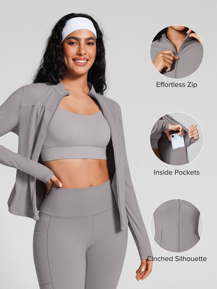 A model wearing a BRXL® Athleisure Four Pockets Cropped Jacket,One Size Fits Most Sporty High-Waisted Leggings in