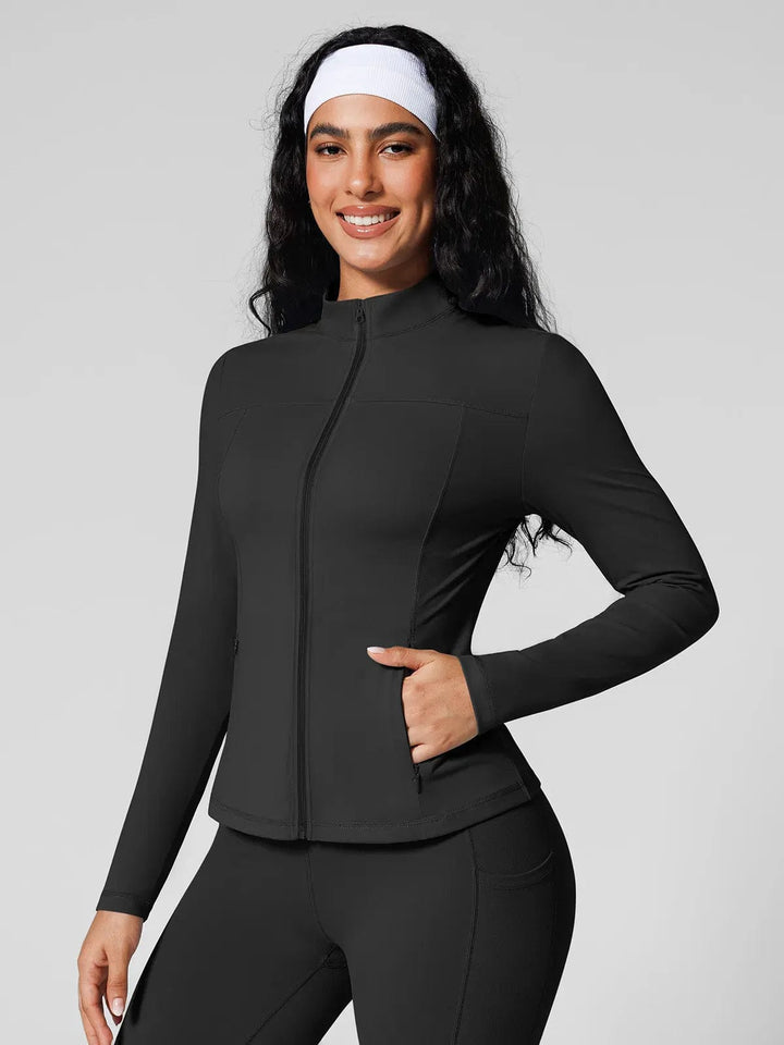 A model wearing a BRXL® Athleisure Four Pockets Cropped Jacket,One Size Fits Most Sporty High-Waisted Leggings in