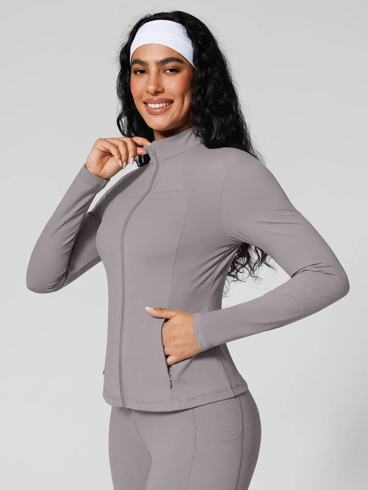 A model wearing a BRXL® Athleisure Four Pockets Cropped Jacket,One Size Fits Most Sporty High-Waisted Leggings in