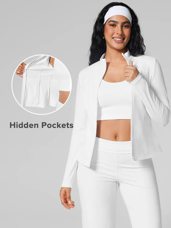 A model wearing a BRXL® Athleisure Hidden Pockets Cropped Jacket in