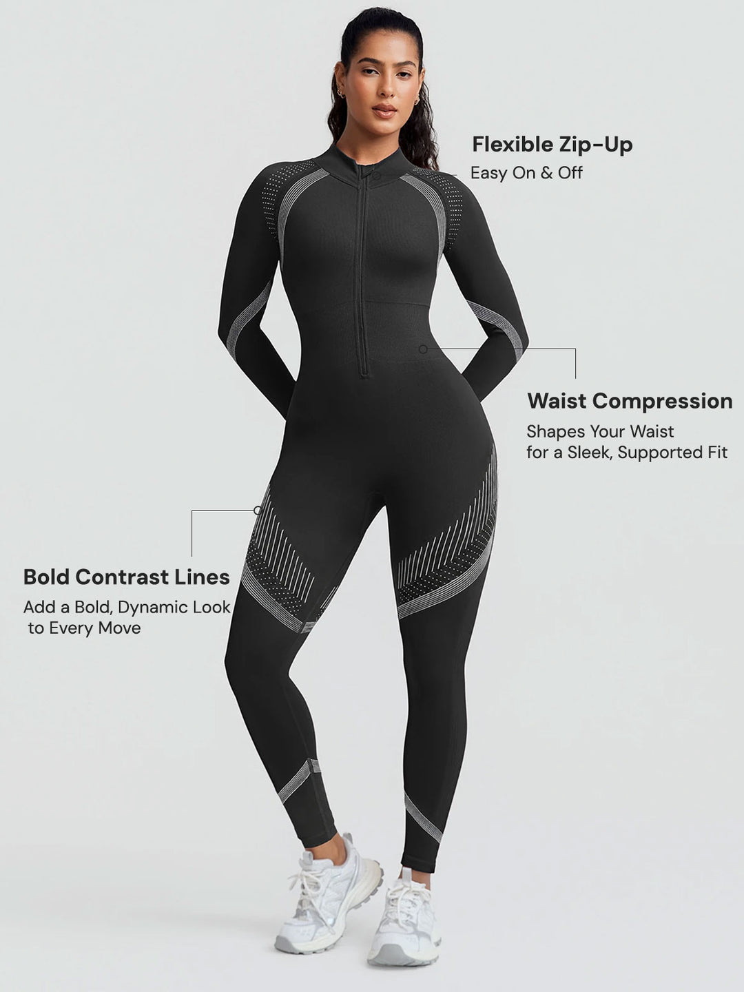 A model wearing a BRXL® BrxlGrit™ Long Sleeve Sculpting Contrast Workout Zip Up Jumpsuit