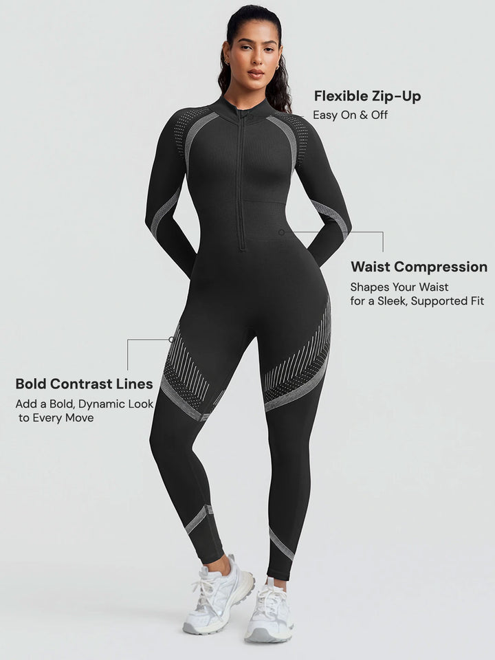 A model wearing a BRXL® BrxlGrit™ Long Sleeve Sculpting Contrast Workout Zip Up Jumpsuit