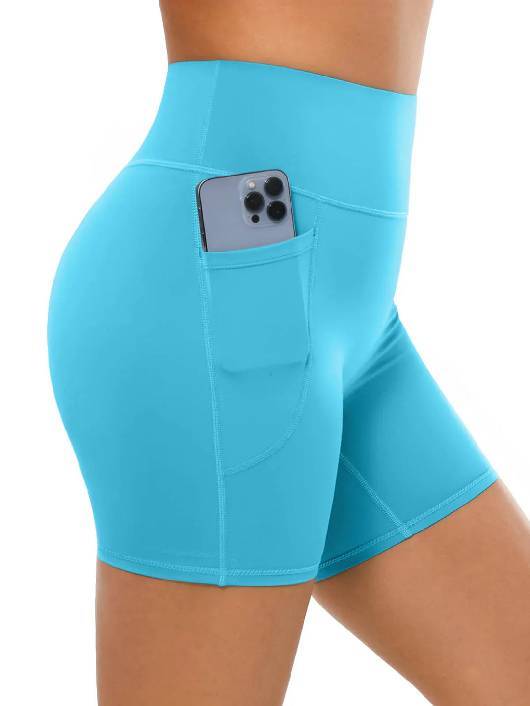 A model wearing a BRXL® BrxlZero™ Biker Shorts With Pockets in Light Blue / XS