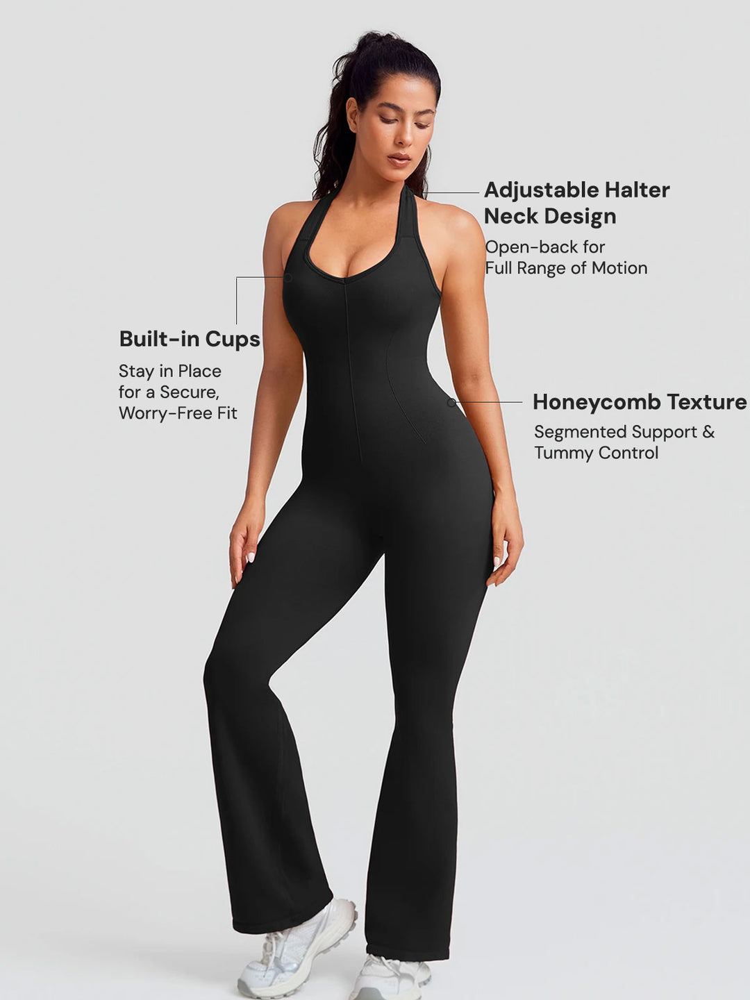 A model wearing a BRXL® BrxlZero® Halter Neck Sculpt Seamless Flare Jumpsuit