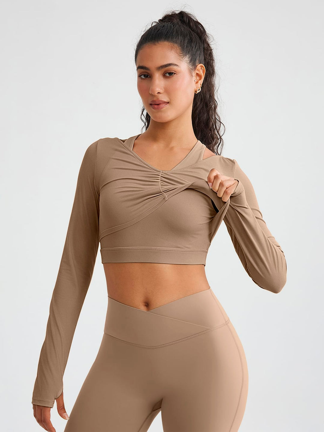 BrxlZero™ Off Shoulder Long Sleeve Crop Top with Built-In Bra