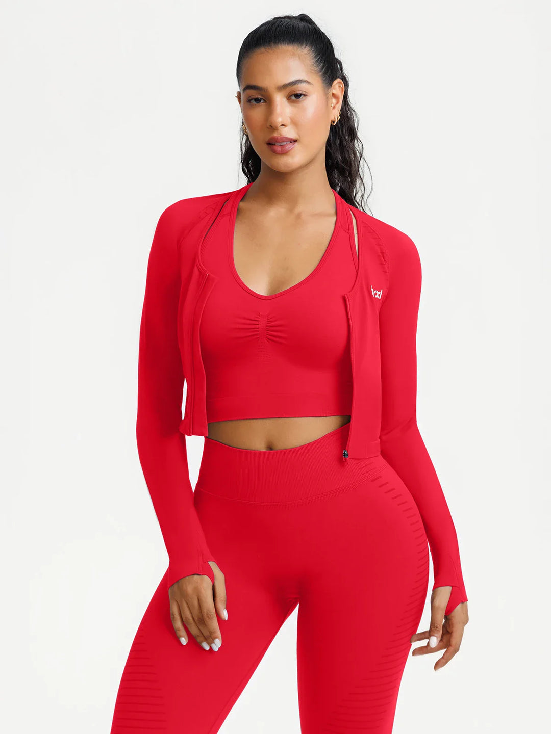 A model wearing a BRXL® BrxlZero® Seamless Scoop-Neck Long Sleeve Cropped Jacket