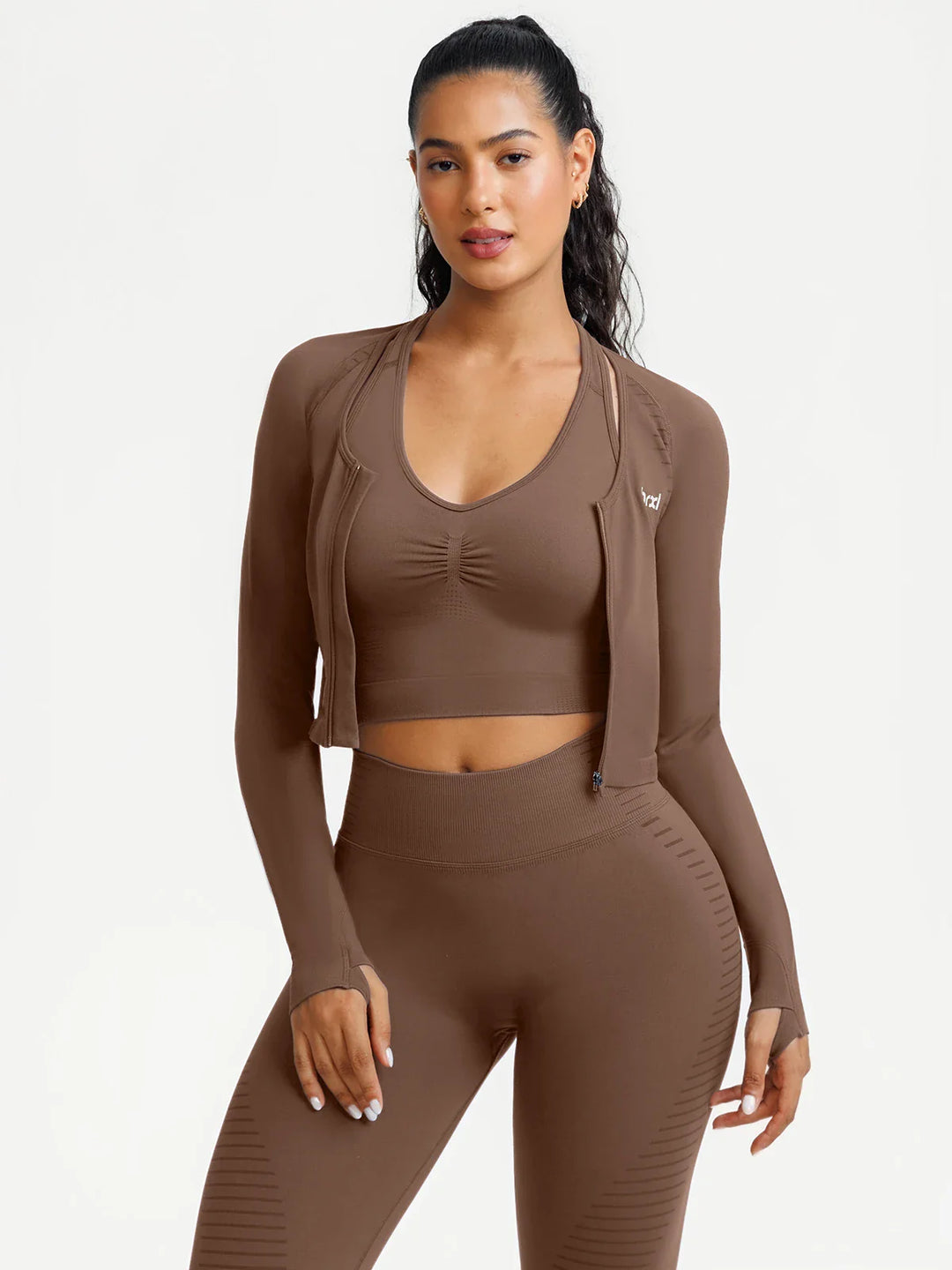A model wearing a BRXL® BrxlZero® Seamless Scoop-Neck Long Sleeve Cropped Jacket