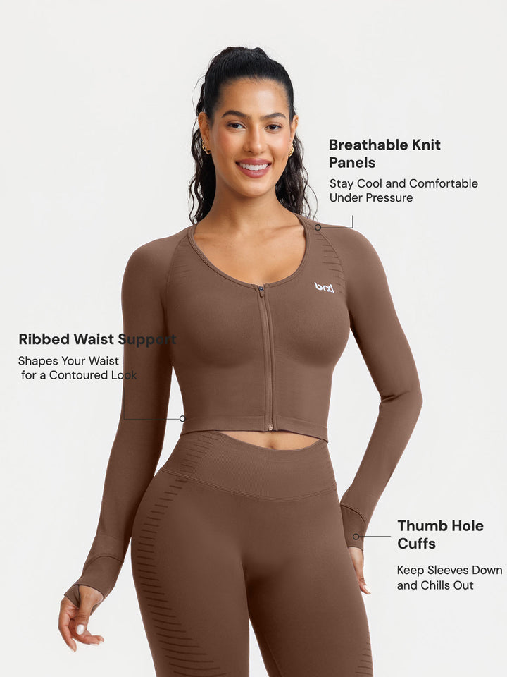 A model wearing a BRXL® BrxlZero® Seamless Scoop-Neck Long Sleeve Cropped Jacket