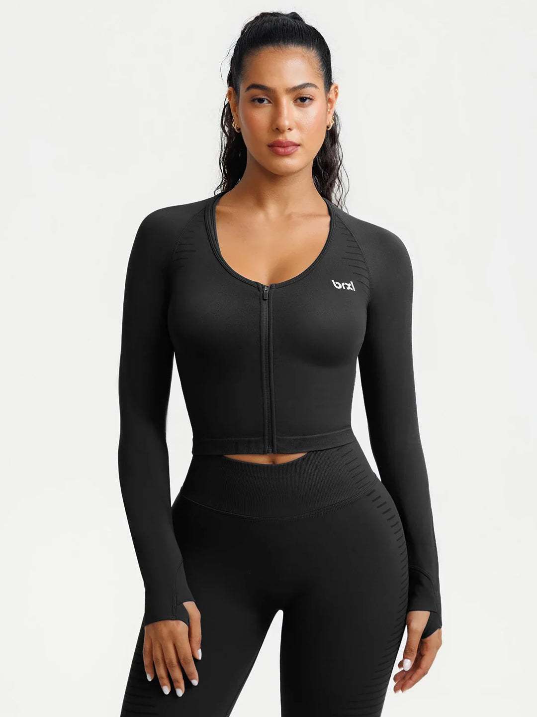 A model wearing a BRXL® BrxlZero® Seamless Scoop-Neck Long Sleeve Cropped Jacket Black / XS