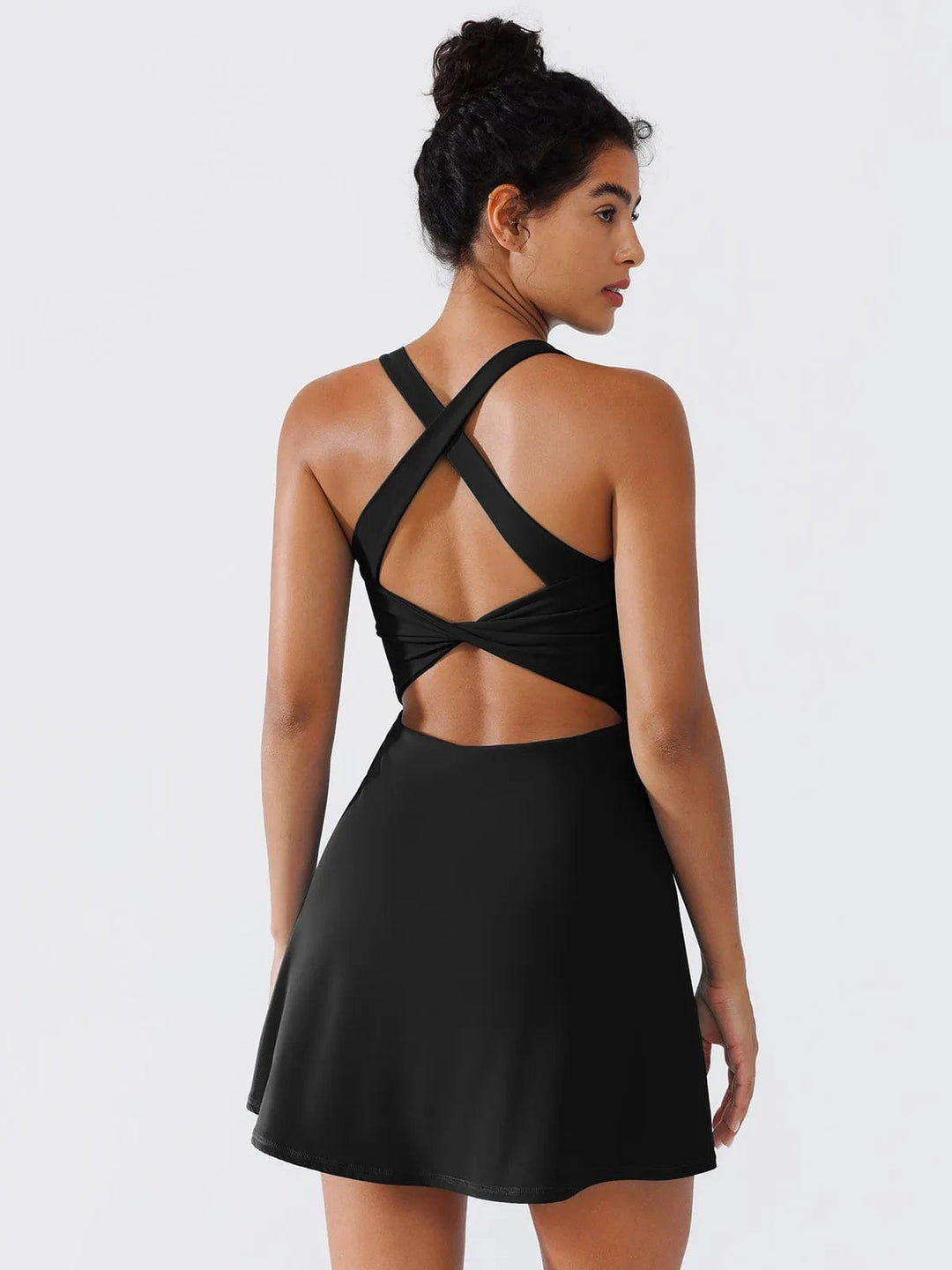 Sporty U-Neck Tennis Dress Built-In Shorts, Cross-Straps & UPF50+ | BRXL Sporty U-Neck Tennis Dress Built-In Shorts, Cross-Straps & UPF50+ | BRXL