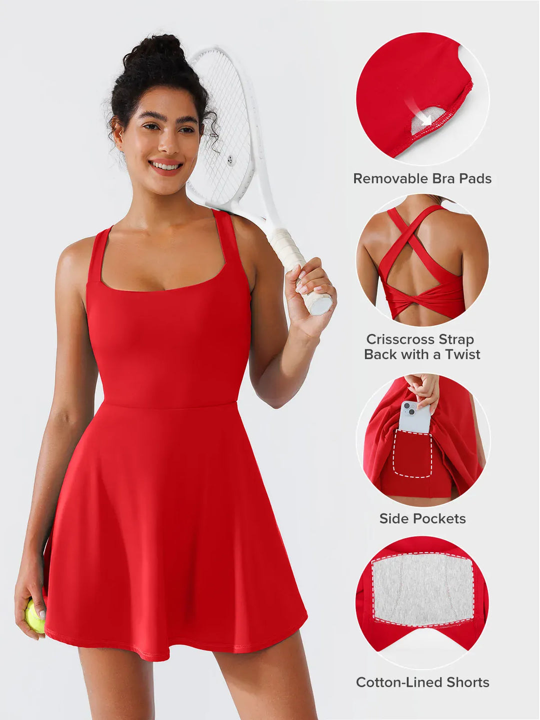 A model wearing a BRXL® CrissCross Back Sun Protection Tennis Dress in