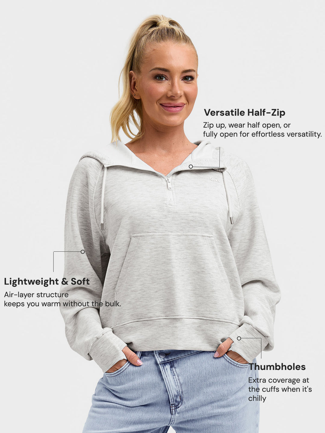 A model wearing a BRXL® Cropped Half-Zip Pullover Comfort Hoodie
