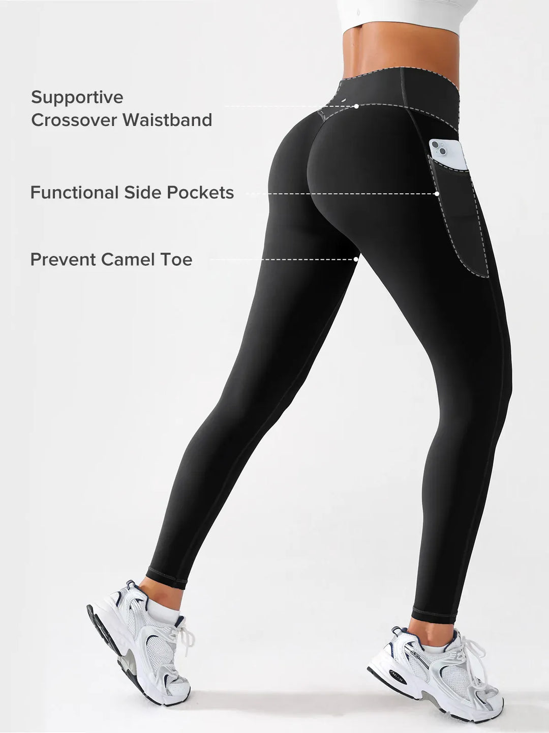 A model wearing a BRXL® Crossover Butt Lifting Side Pockets Running Leggings
