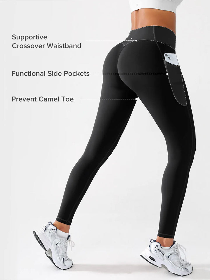 A model wearing a BRXL® Crossover Butt Lifting Side Pockets Running Leggings