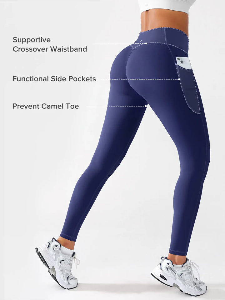A model wearing a BRXL® Crossover Butt Lifting Side Pockets Running Leggings