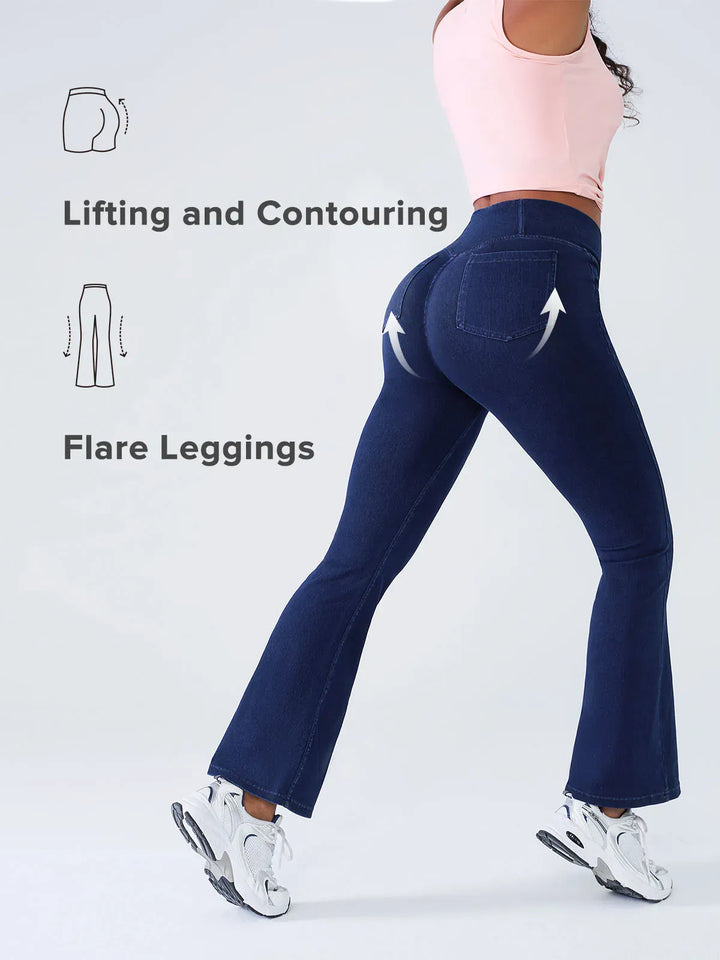 A model wearing a BRXL® Crossover Denim Flare Leggings with Pockets in