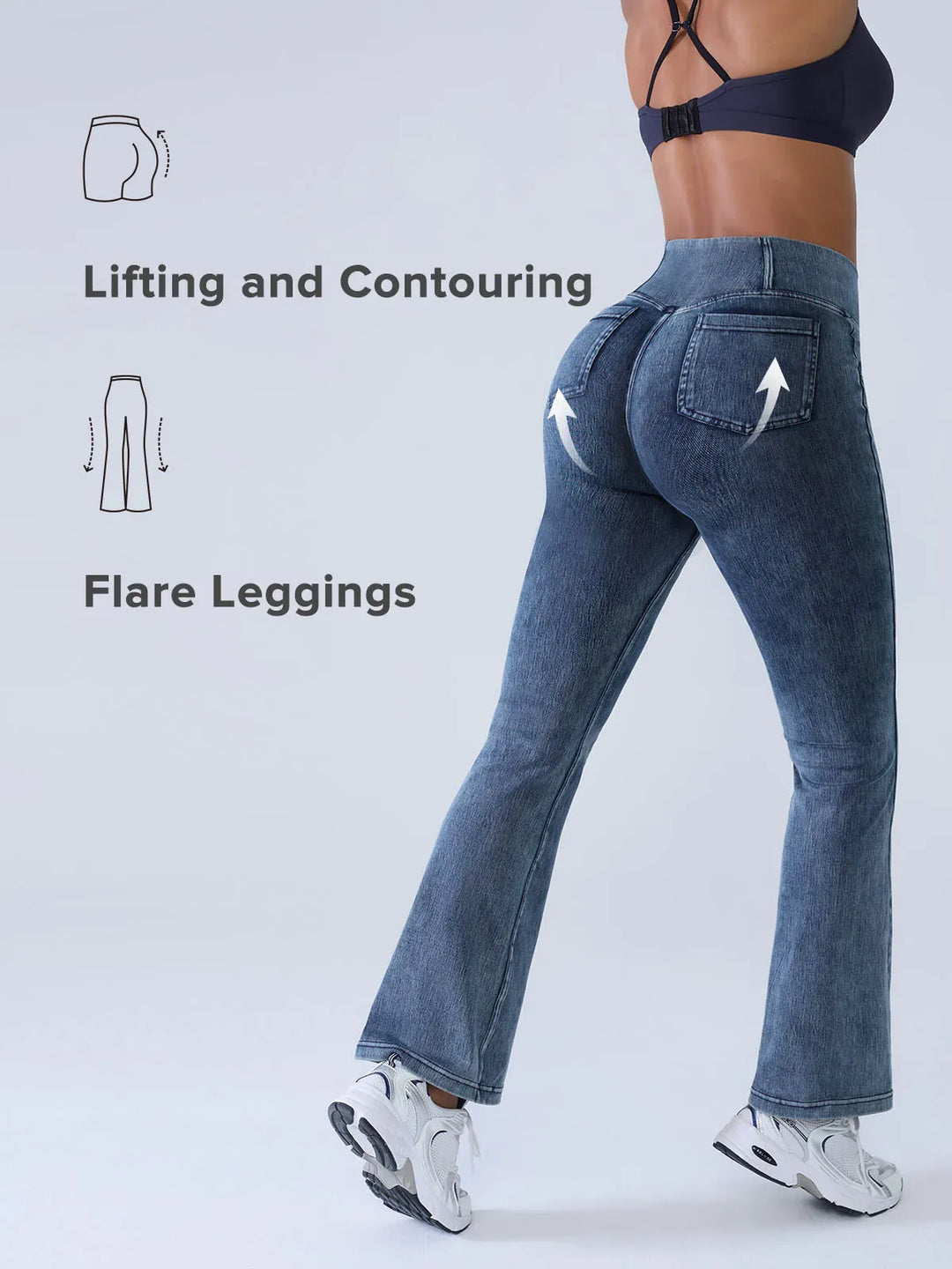 A model wearing a BRXL® Crossover Denim Flare Leggings with Pockets in