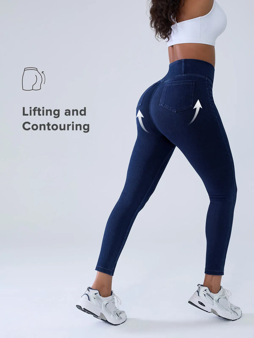 A model wearing a BRXL® Crossover Denim Side Pockets Sculpting Leggings