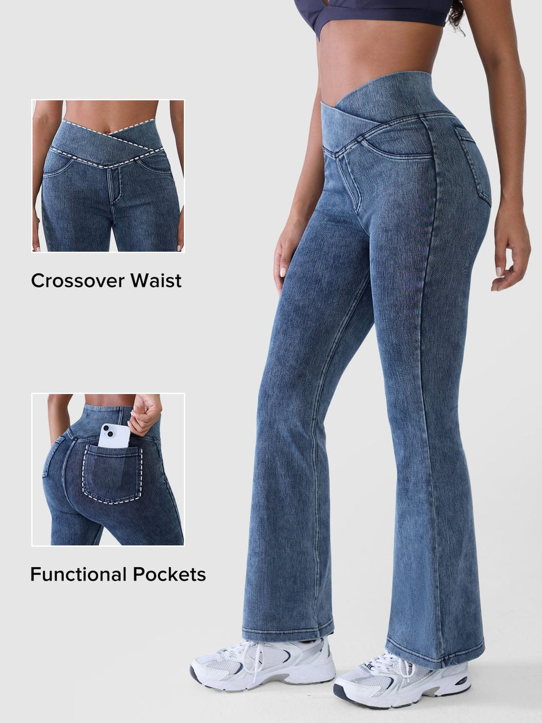 Crossover Denim Side Pockets Flare Leggings