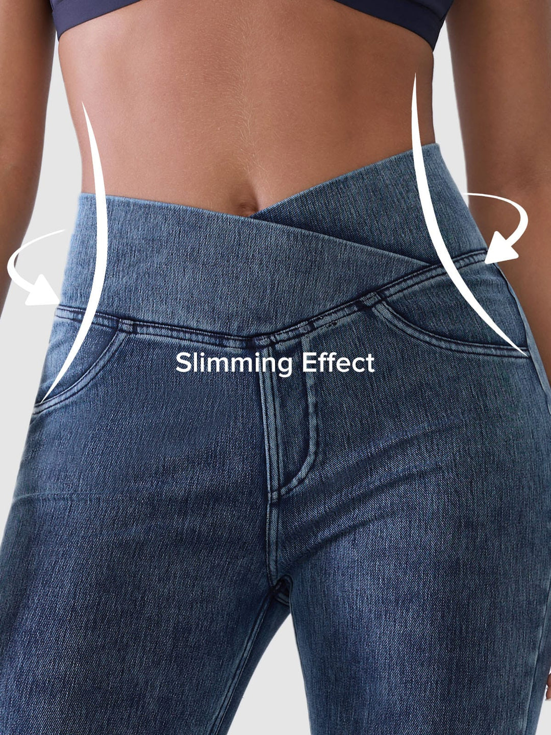 Crossover Denim Side Pockets Flare Leggings