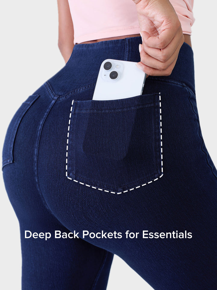 Crossover Denim Side Pockets Flare Leggings