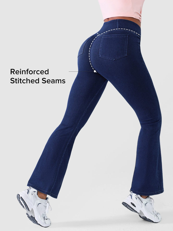 Crossover Denim Side Pockets Flare Leggings Petite