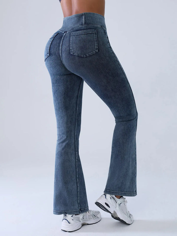 Crossover Denim Side Pockets Flare Leggings Petite