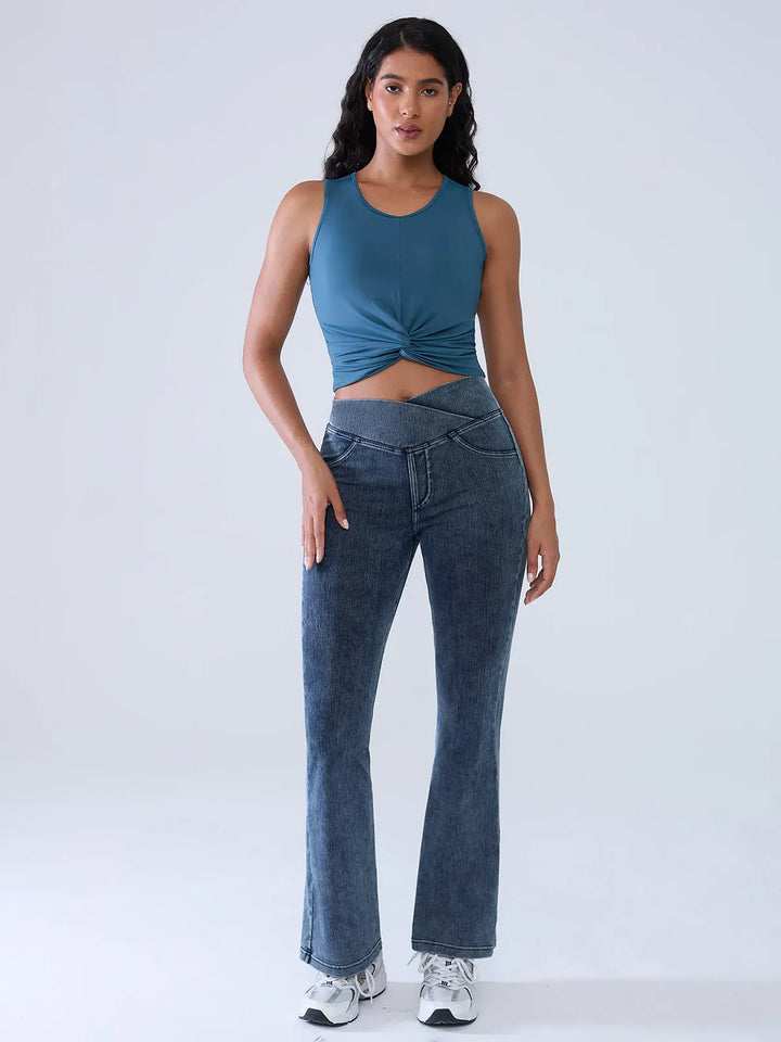 Crossover Denim Side Pockets Flare Leggings Petite