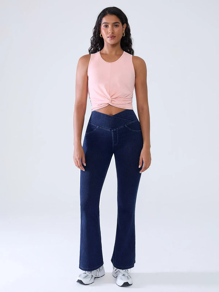 Crossover Denim Side Pockets Flare Leggings Petite
