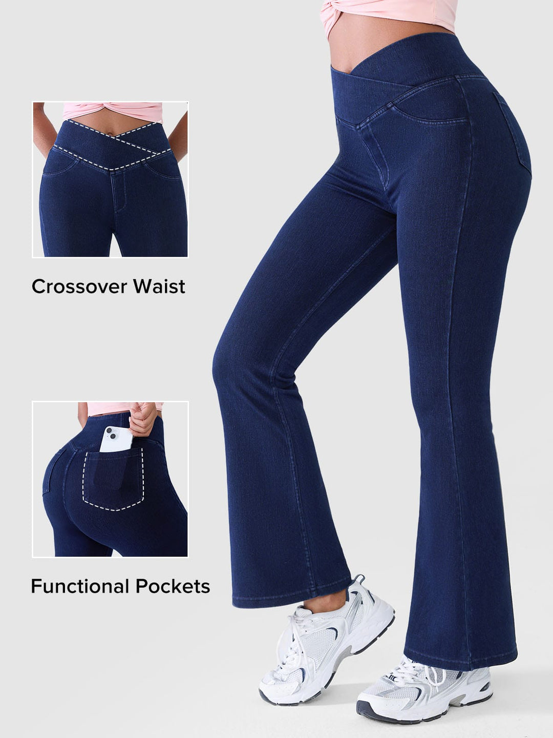 Crossover Denim Side Pockets Flare Leggings Petite