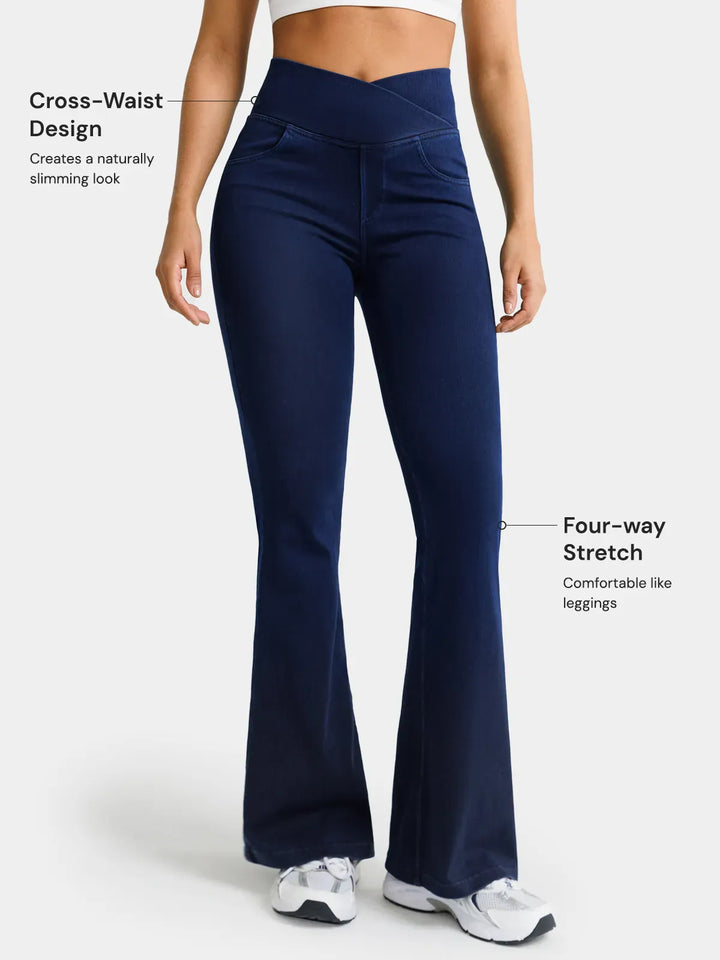 Crossover Denim Side Pockets Flare Leggings Petite