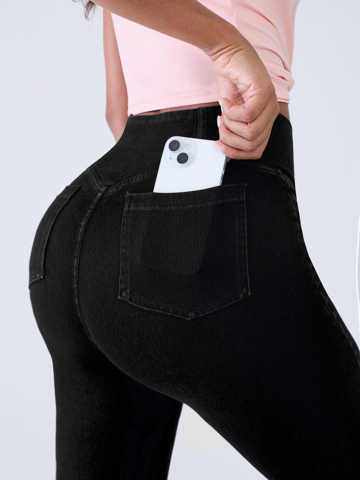 Crossover Denim Side Pockets Flare Leggings Regular