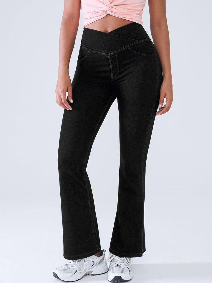 Crossover Denim Side Pockets Flare Leggings Regular