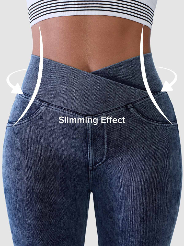 Crossover Denim Side Pockets Sculpting Leggings