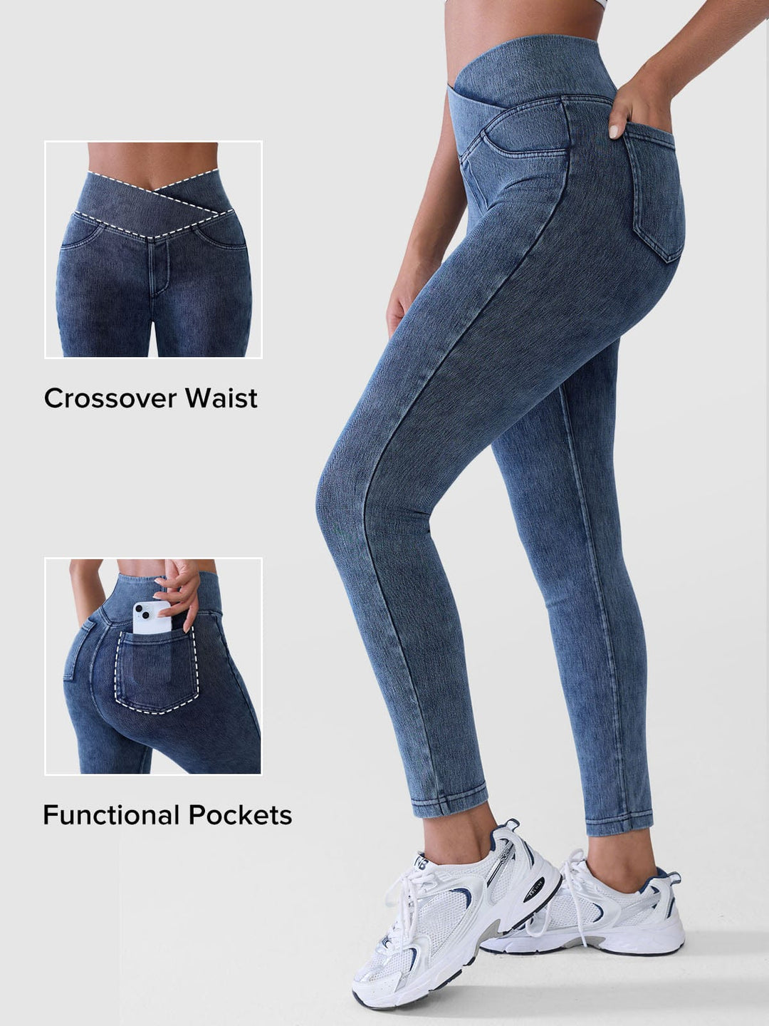 Crossover Denim Side Pockets Sculpting Leggings