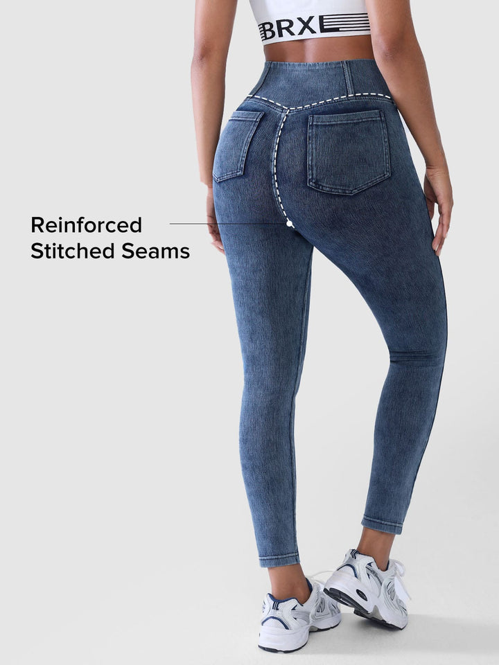 Crossover Denim Side Pockets Sculpting Leggings