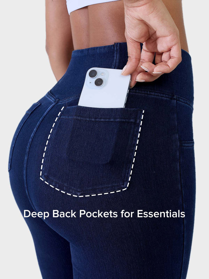 Crossover Denim Side Pockets Sculpting Leggings