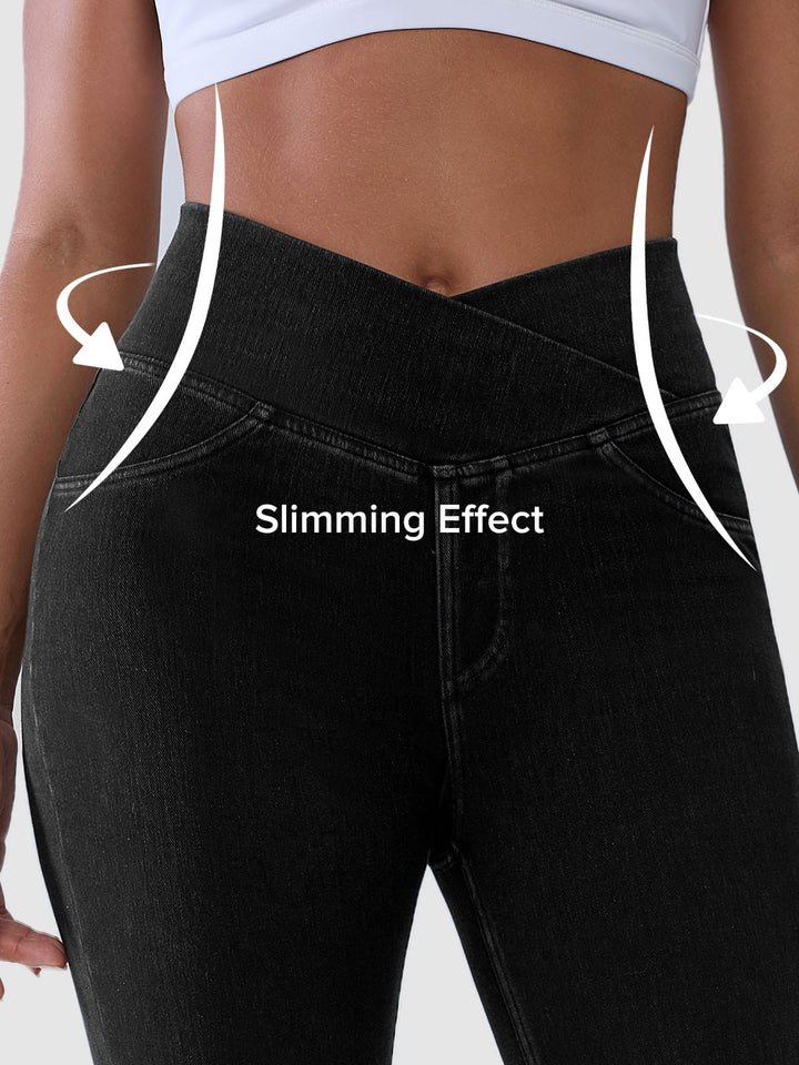 Crossover Denim Side Pockets Sculpting Leggings