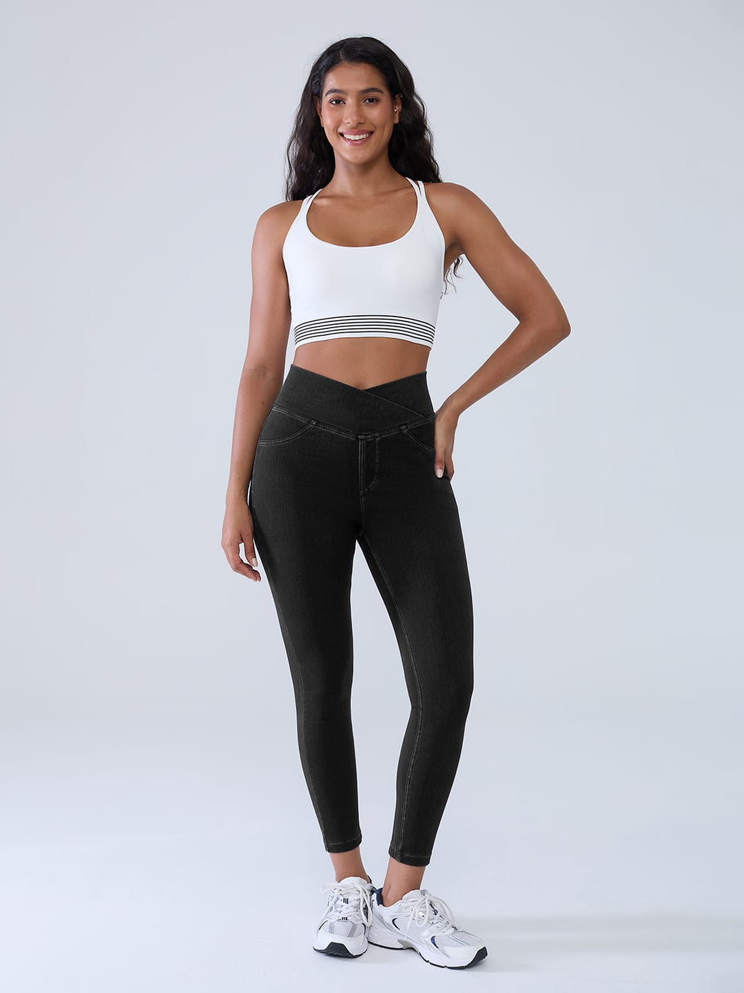Crossover Denim Side Pockets Sculpting Leggings