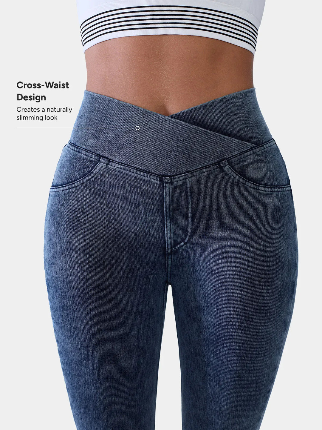 Crossover Denim Side Pockets Sculpting Leggings